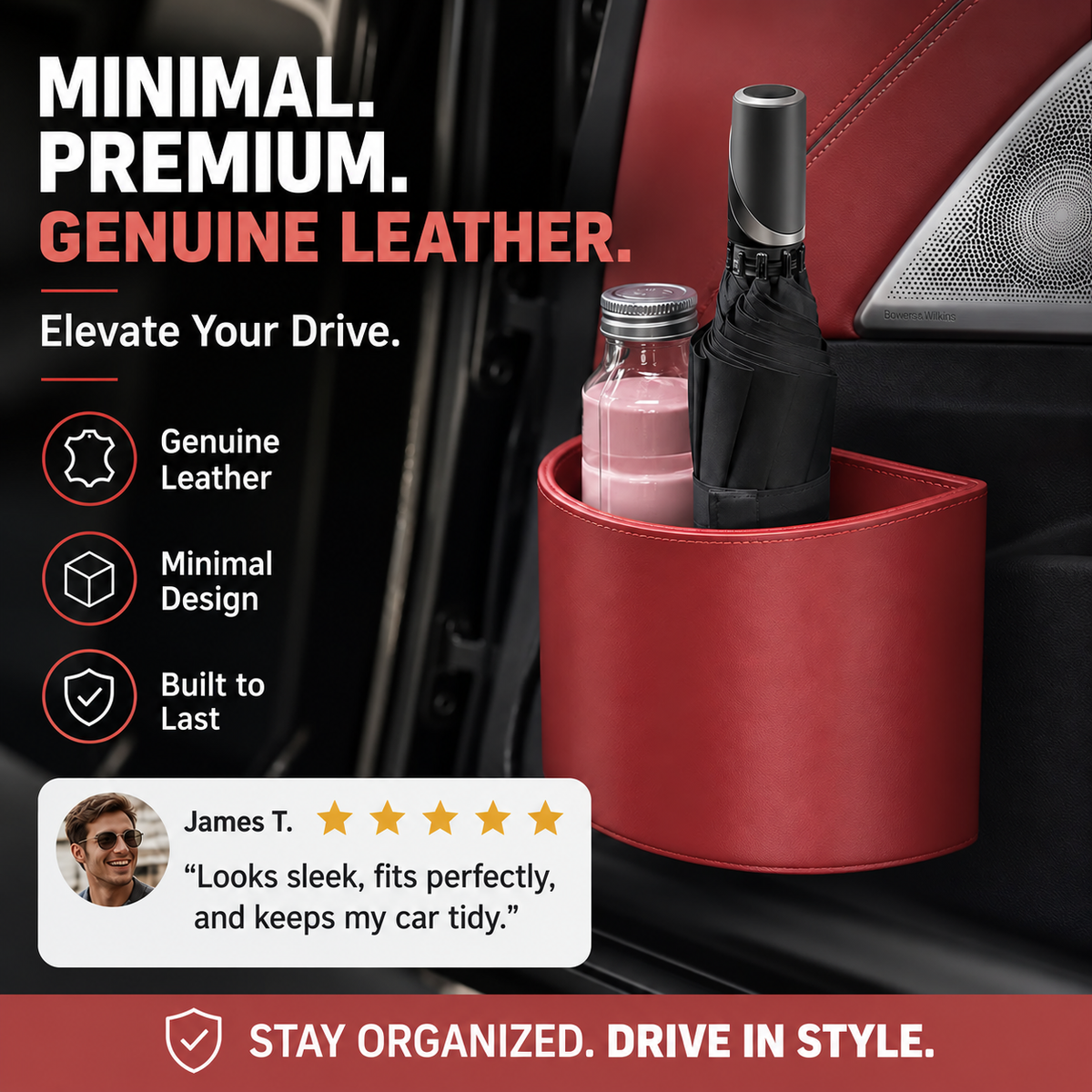 Leather Car Door Cup Holder – Wide‑mouth Opening, Easy Reach for Drinks & Phone