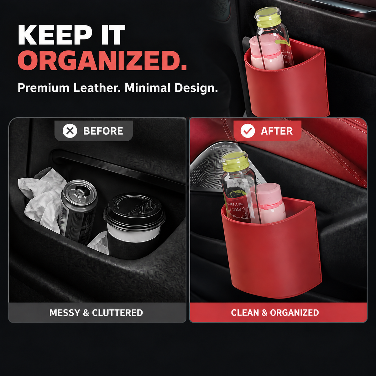 Leather Car Door Cup Holder – Wide‑mouth Opening, Easy Reach for Drinks & Phone