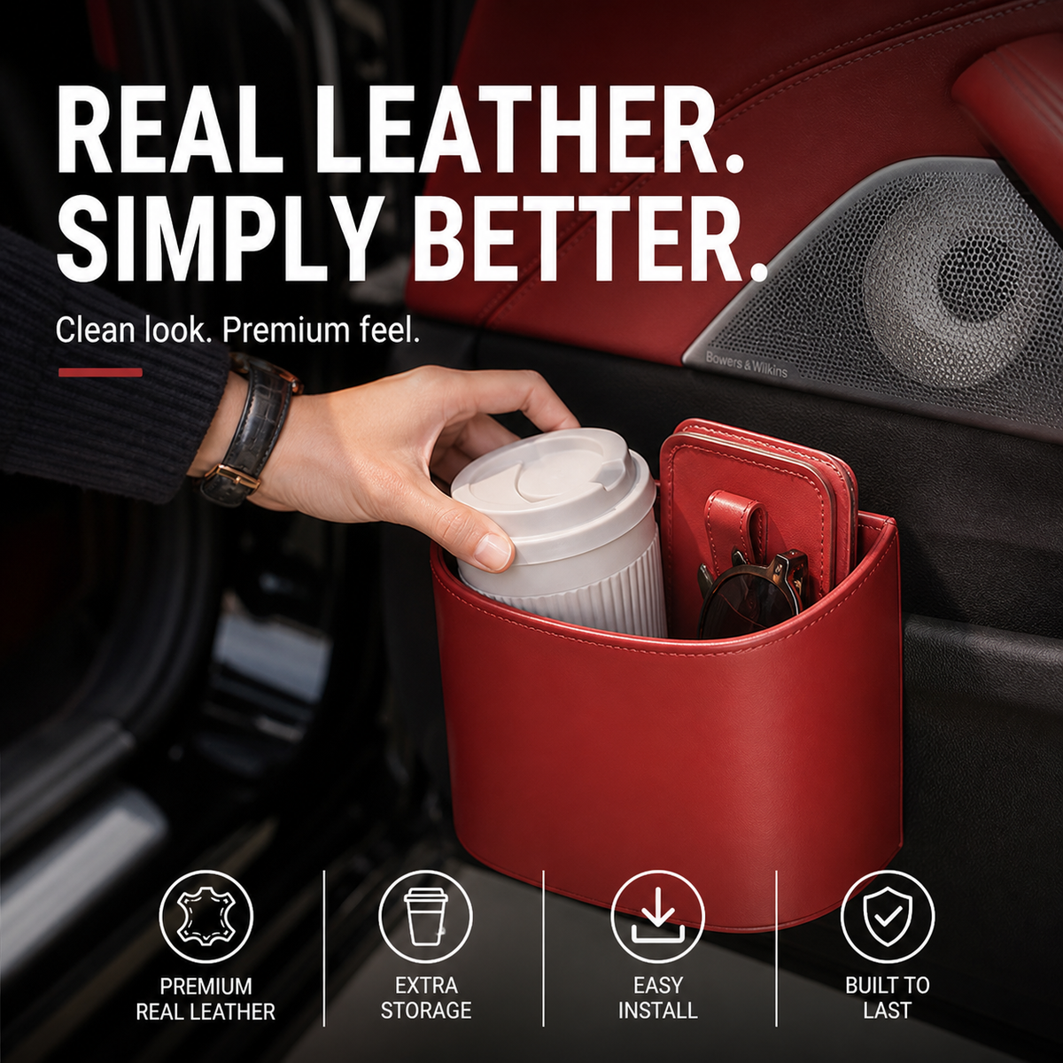 Leather Car Door Cup Holder – Wide‑mouth Opening, Easy Reach for Drinks & Phone