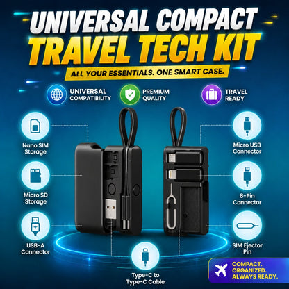 ⚡🔋 Universal Compact Travel Tech Kit –  Fast Charging, 480Mbps Data Transfer, Adapters, Card Storage & Phone Stand