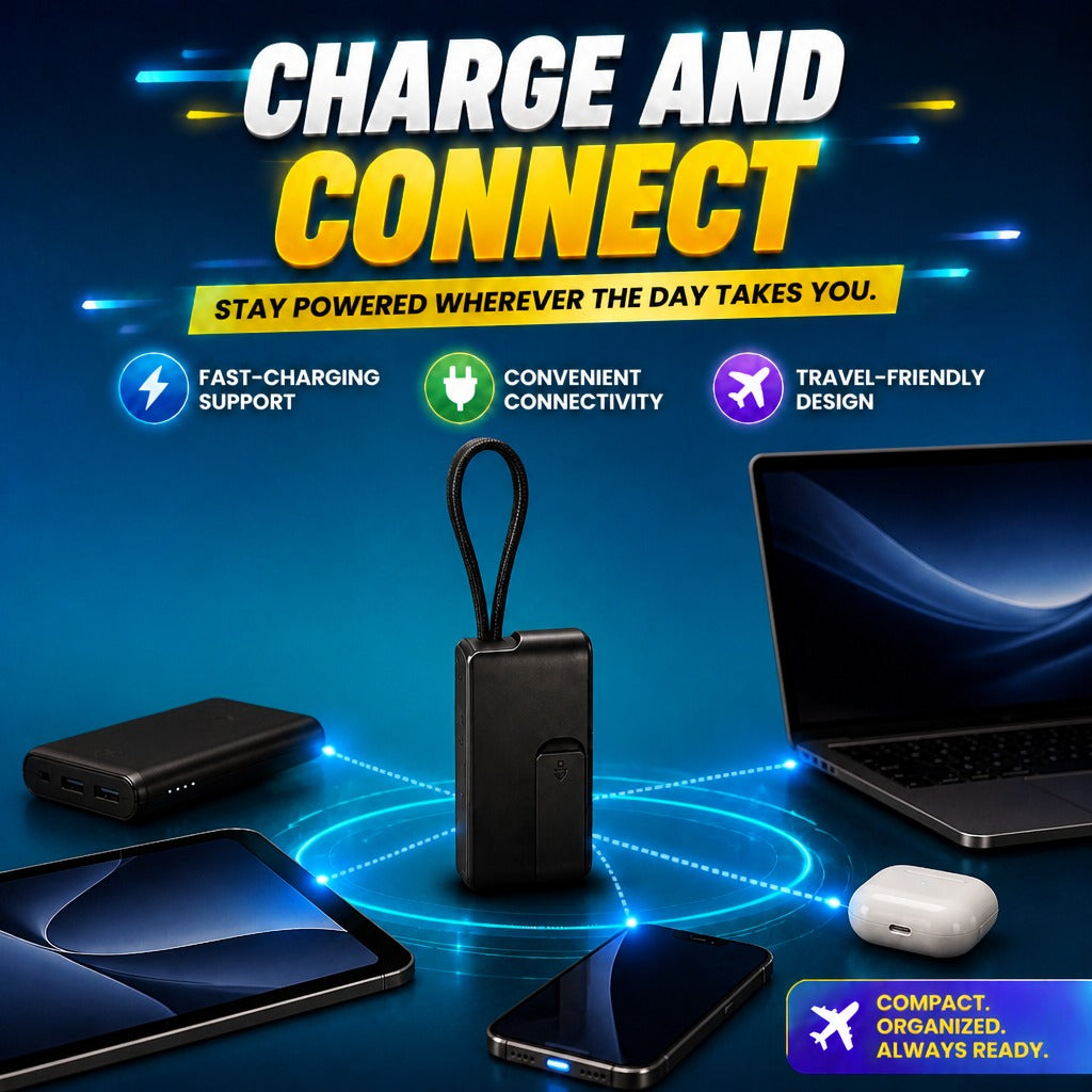 ⚡🔋 Universal Compact Travel Tech Kit –  Fast Charging, 480Mbps Data Transfer, Adapters, Card Storage & Phone Stand