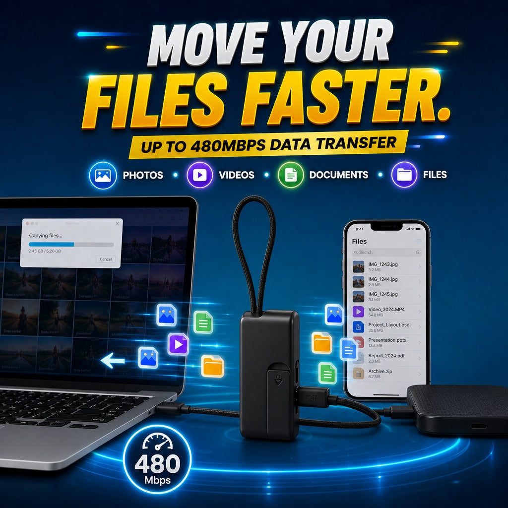 ⚡🔋 Universal Compact Travel Tech Kit –  Fast Charging, 480Mbps Data Transfer, Adapters, Card Storage & Phone Stand