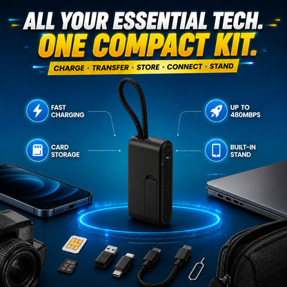 ⚡🔋 Universal Compact Travel Tech Kit –  Fast Charging, 480Mbps Data Transfer, Adapters, Card Storage & Phone Stand