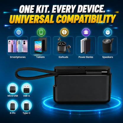 ⚡🔋 Universal Compact Travel Tech Kit –  Fast Charging, 480Mbps Data Transfer, Adapters, Card Storage & Phone Stand