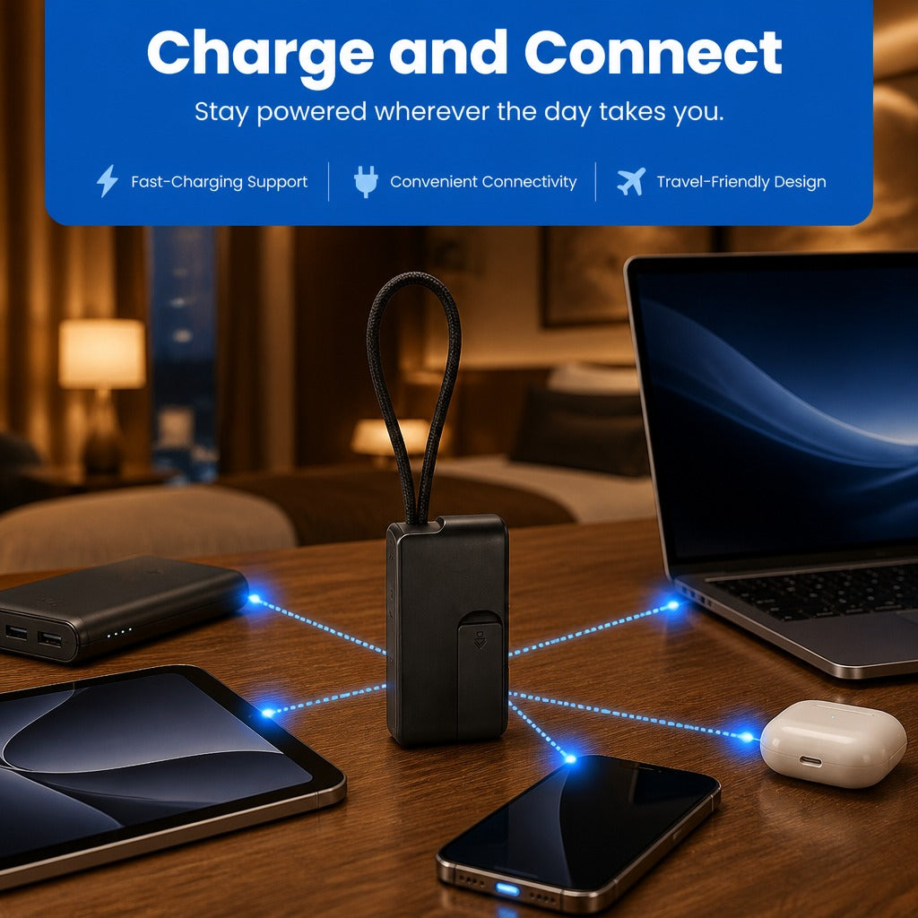 Universal Compact Travel Tech Kit – ⚡⚡ Fast Charging, 480Mbps Data Transfer, Adapters, Card Storage & Phone Stand