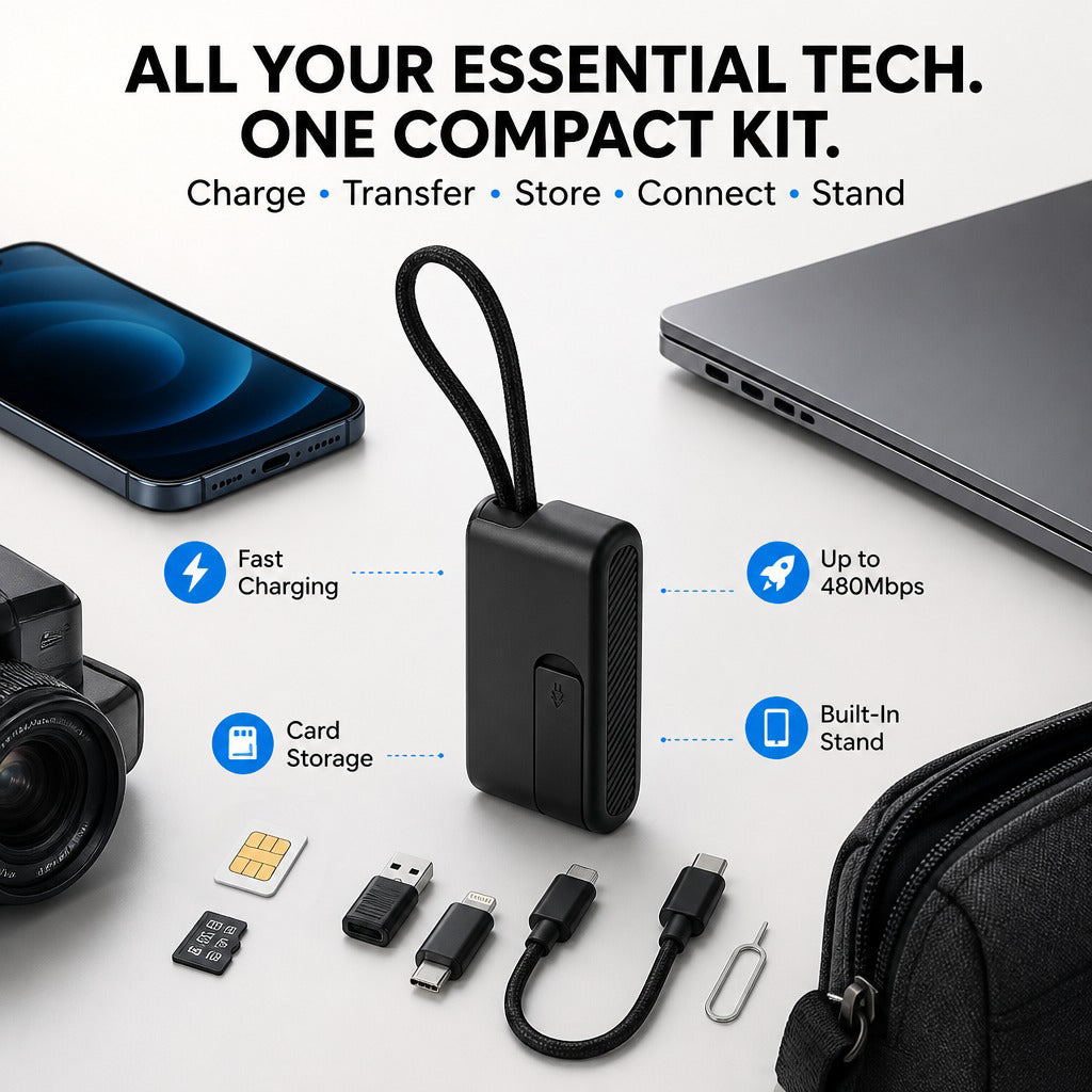 Universal Compact Travel Tech Kit – ⚡⚡ Fast Charging, 480Mbps Data Transfer, Adapters, Card Storage & Phone Stand