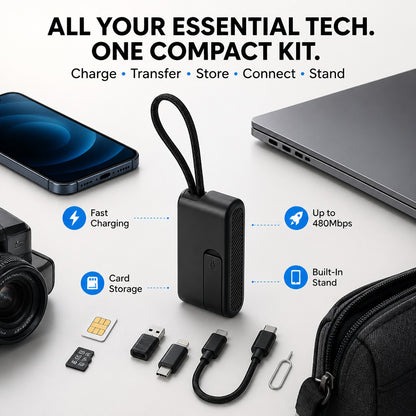 Universal Compact Travel Tech Kit – ⚡⚡ Fast Charging, 480Mbps Data Transfer, Adapters, Card Storage & Phone Stand