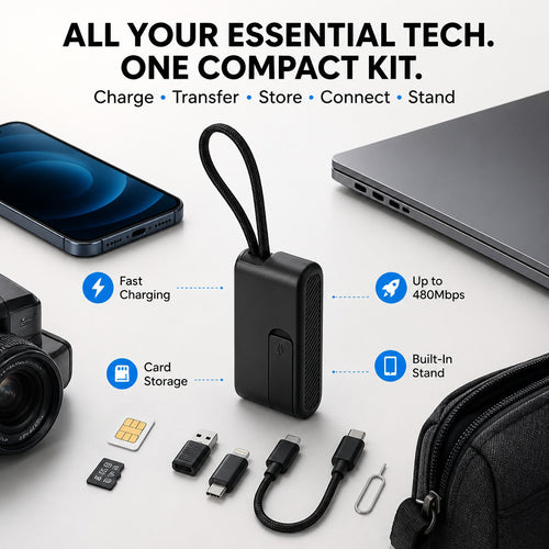 Universal Compact Travel Tech Kit – ⚡⚡ Fast Charging, 480Mbps Data Transfer, Adapters, Card Storage & Phone Stand
