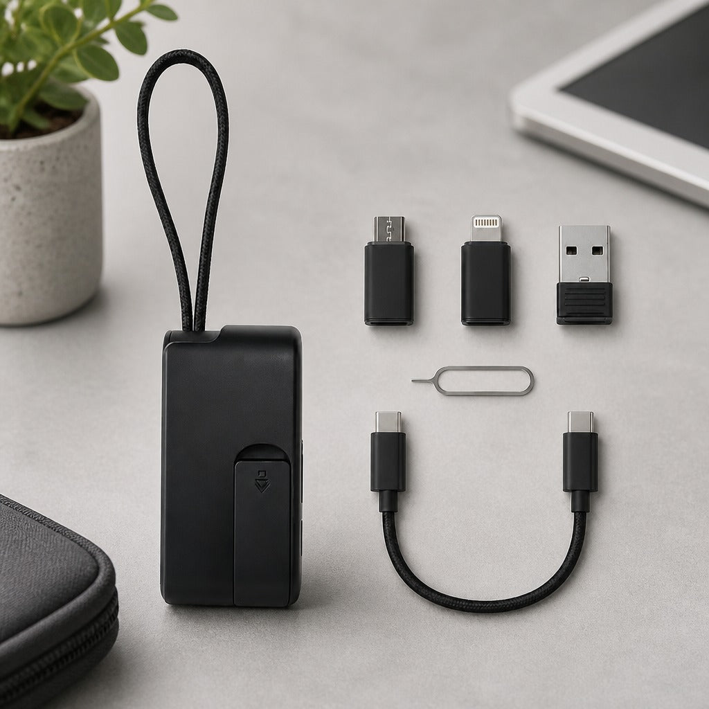 Universal Compact Travel Tech Kit – ⚡⚡ Fast Charging, 480Mbps Data Transfer, Adapters, Card Storage & Phone Stand
