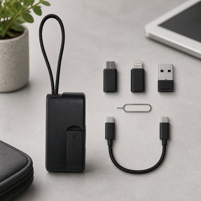 Universal Compact Travel Tech Kit – ⚡⚡ Fast Charging, 480Mbps Data Transfer, Adapters, Card Storage & Phone Stand
